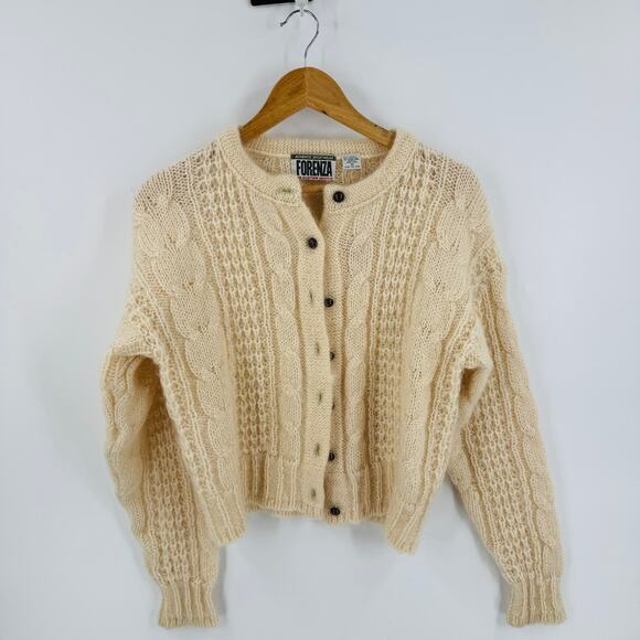 Vintage Forenza Mohair Blend Cream Cable Knit Button Cardigan Sweater Size M - Picture 1 of 5